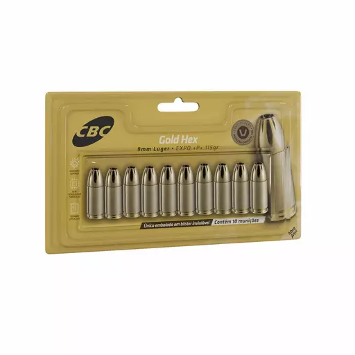 MUNIÇÃO CBC 9MM GOLD HEX LUGER EXPO +P+ 115GR